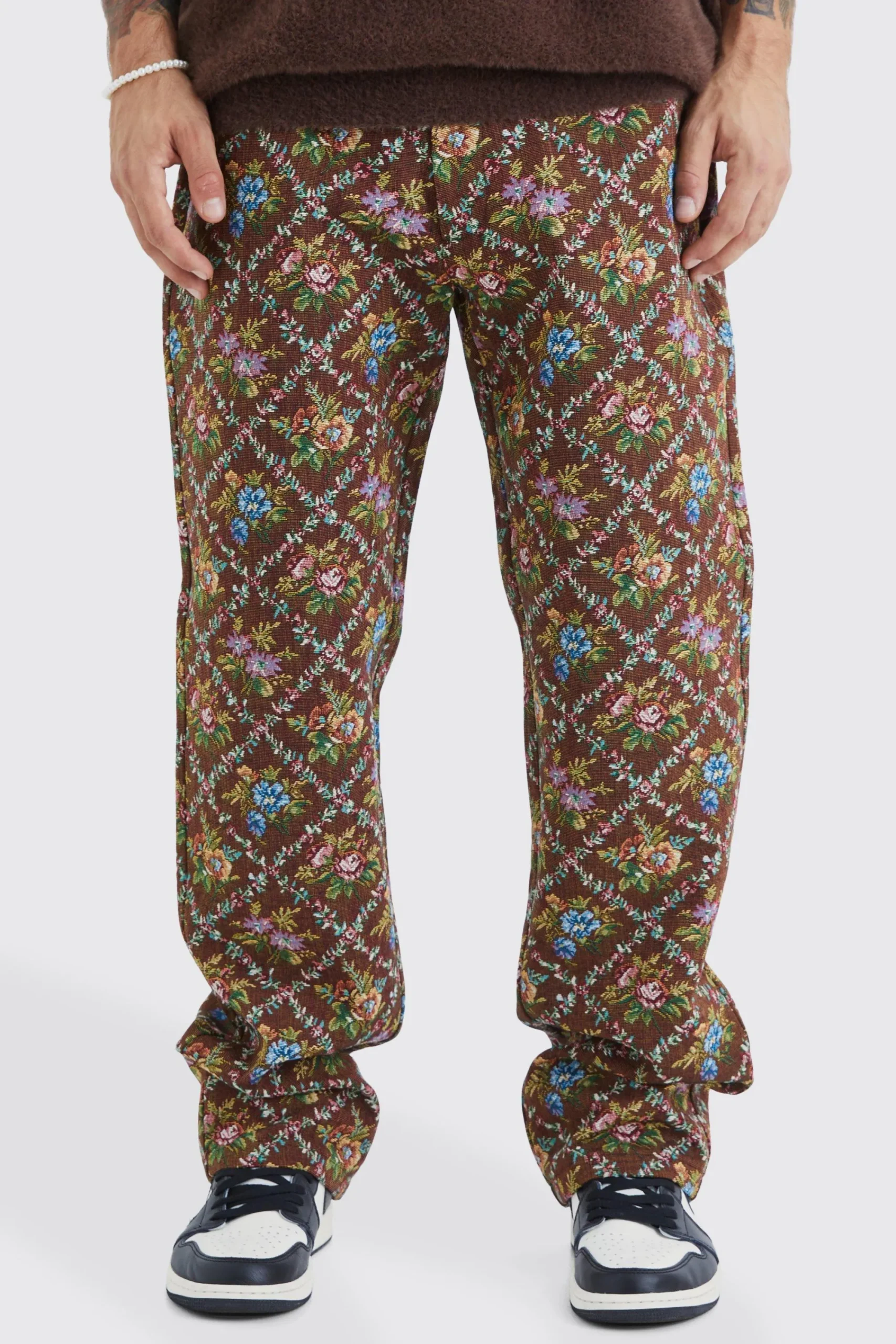 boohooMAN Fixed Waist Floral Tapestry Trouser | UK| Trousers