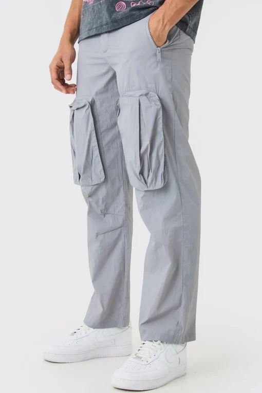boohooMAN Fixed Waist Relaxed Crinkle Nylon Cargos | UK| Trousers|Cargos