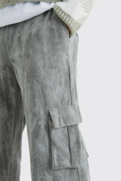 boohooMAN Fixed Waist Relaxed Tie Dye Cargo Corduroy Trouser | UK| Trousers