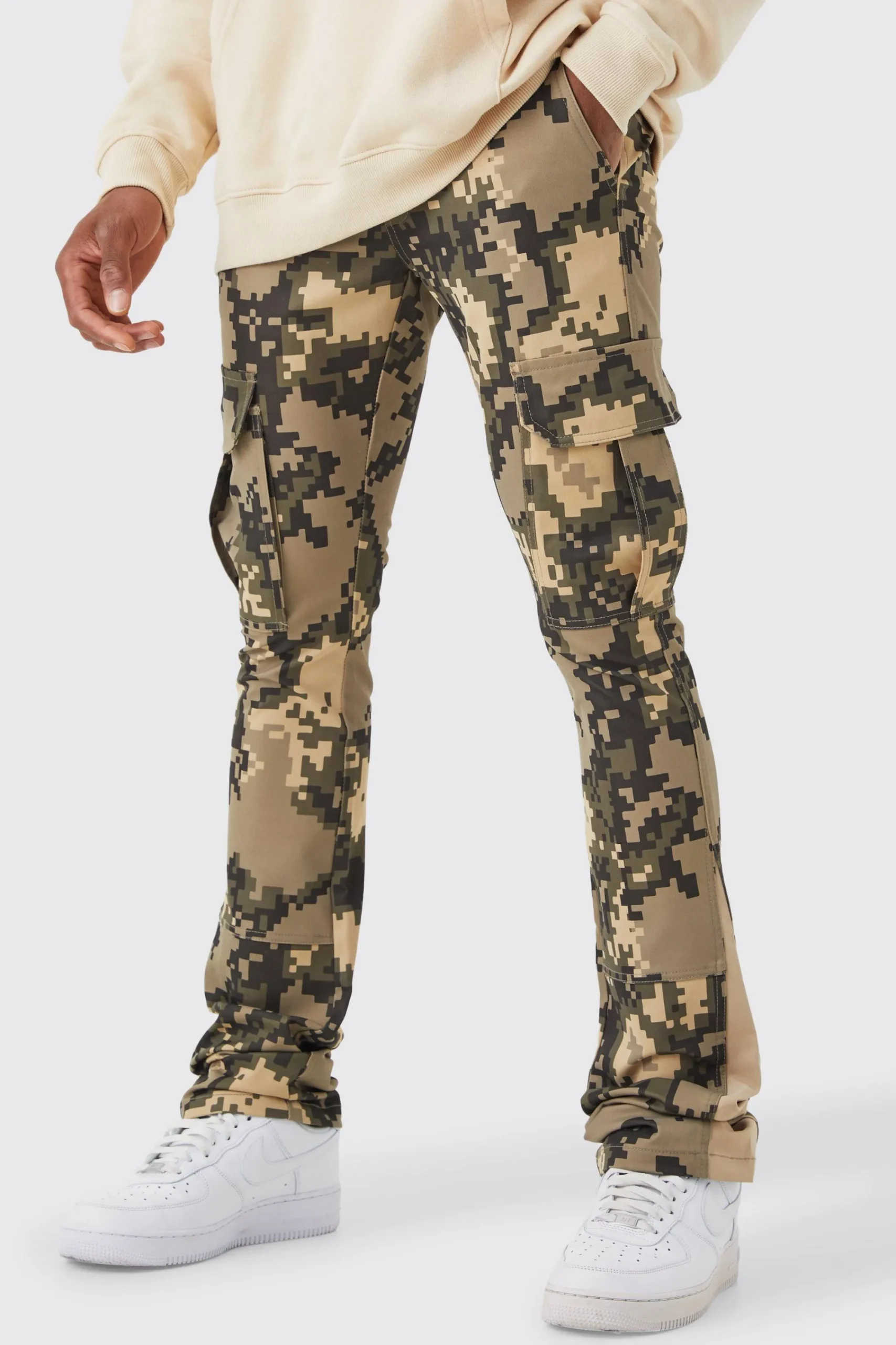 boohooMAN Fixed Waist Skinny Stacked Flare Pixel Cargo Trouser | UK| Trousers|Cargos