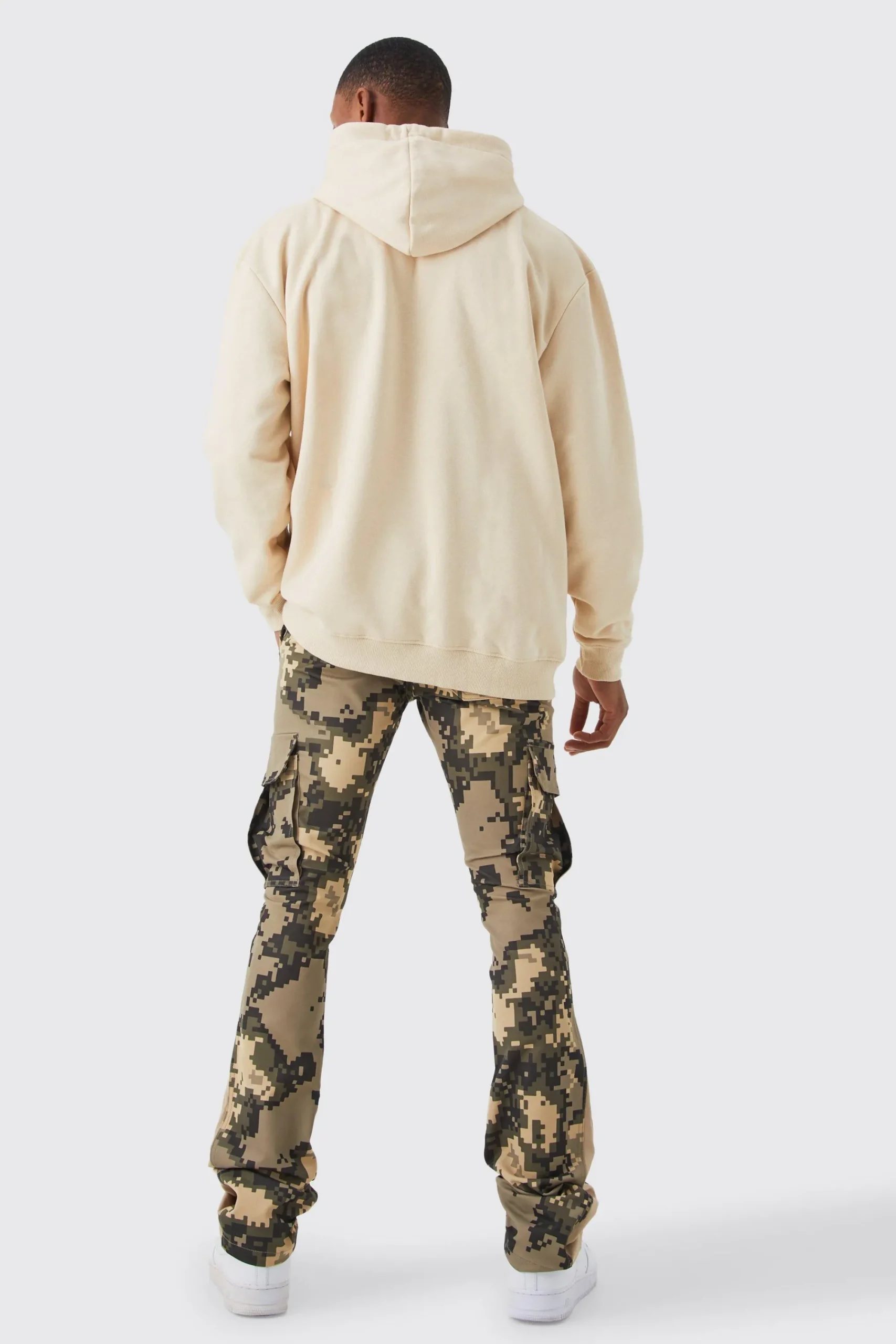 boohooMAN Fixed Waist Skinny Stacked Flare Pixel Cargo Trouser | UK| Trousers|Cargos