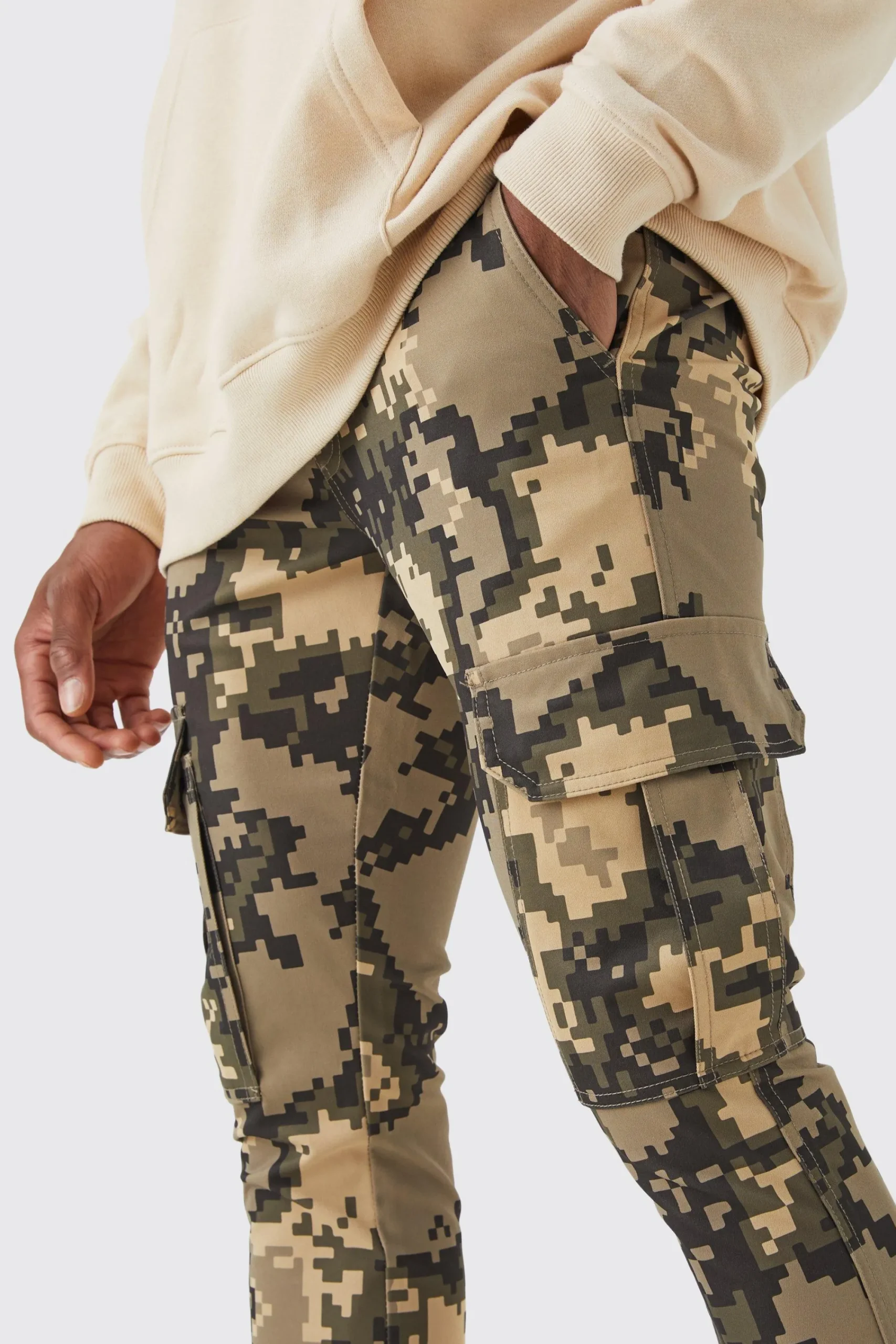 boohooMAN Fixed Waist Skinny Stacked Flare Pixel Cargo Trouser | UK| Trousers|Cargos