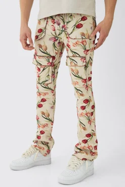boohooMAN Fixed Waist Slim Flare Stacked Floral Tapestry Cargo Trouser | UK| Trousers|Cargos