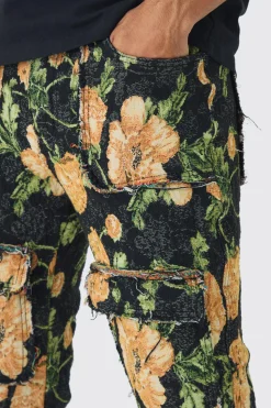 boohooMAN Fixed Waist Slim Flare Stacked Floral Tapestry Cargo Trouser | UK| Trousers|Cargos