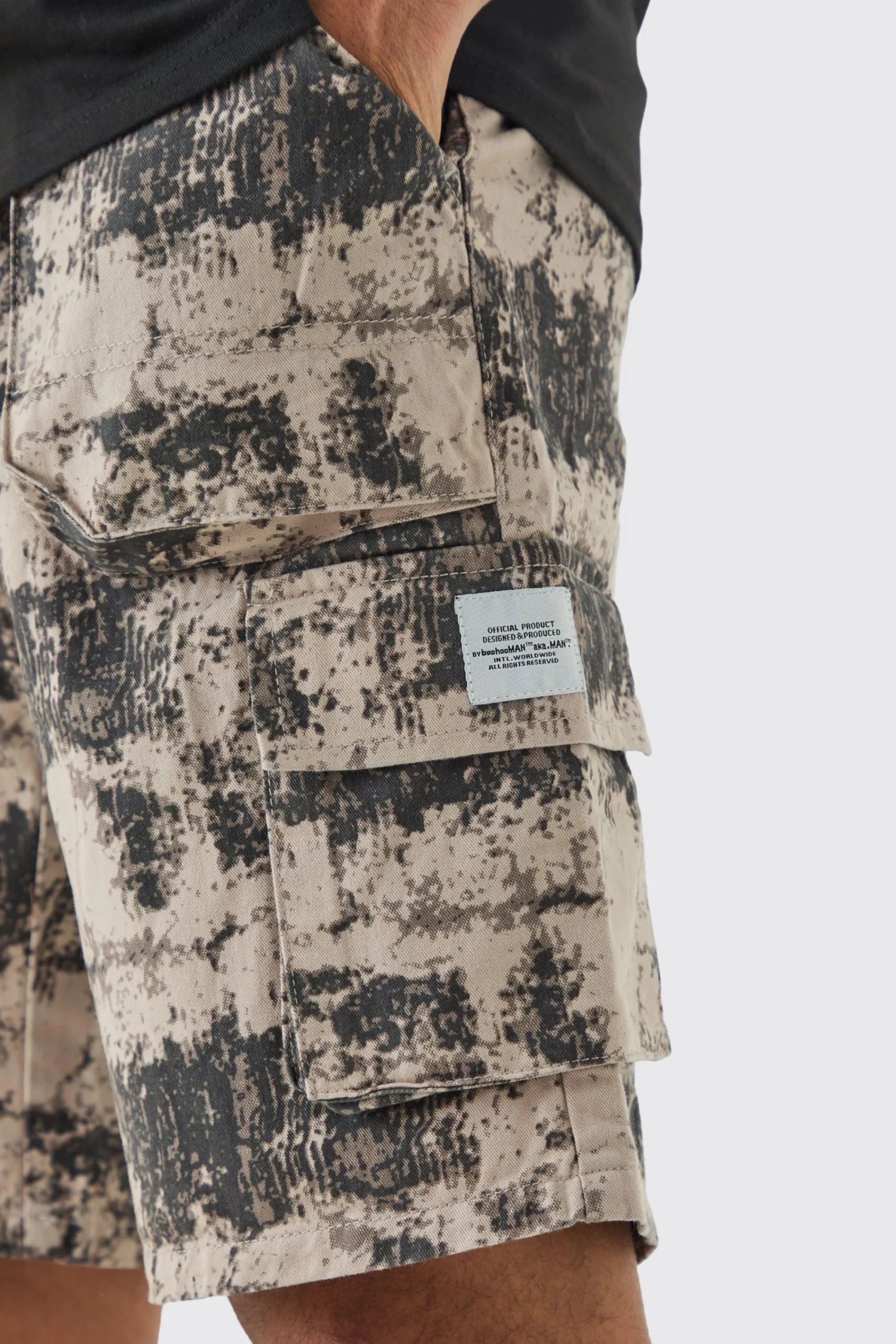 boohooMAN Fixed Waist Woven Tab Blurred Camo Relaxed Cargo Shorts | UK| Shorts