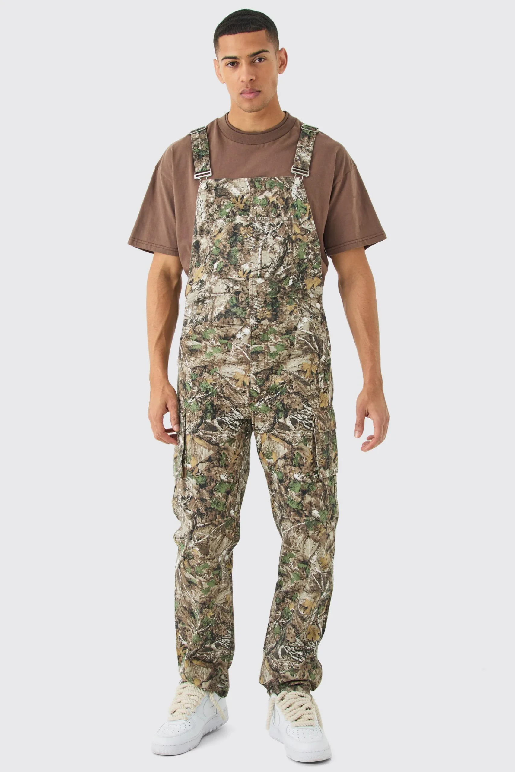 boohooMAN Forest Camo Cargo Pocket Relaxed Dungarees | UK| Trousers