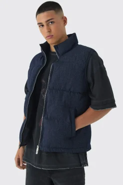 boohooMAN Funnel Neck Denim Puffer Panelled Gilet | UK| Coats & Jackets