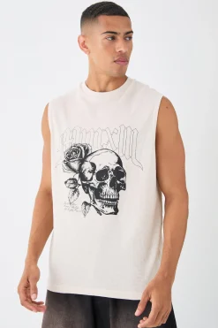 Gothic Renaissance Skull And Rose Waffle Printed Tank | UK^boohooMAN Clearance