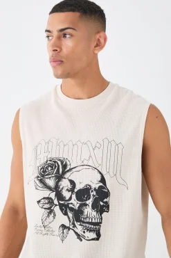 Gothic Renaissance Skull And Rose Waffle Printed Tank | UK^boohooMAN Clearance