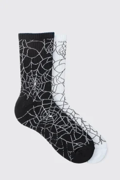 boohooMAN Halloween 2 Pack Spider Web Ribbed Socks | UK| Underwear & Socks|Underwear & Socks