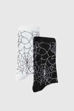 boohooMAN Halloween 2 Pack Spider Web Ribbed Socks | UK| Underwear & Socks|Underwear & Socks