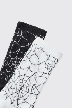 boohooMAN Halloween 2 Pack Spider Web Ribbed Socks | UK| Underwear & Socks|Underwear & Socks
