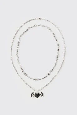 boohooMAN Heart Bat Wing Pendant Necklace | UK| Jewellery & Watches