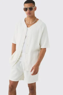 boohooMAN Heavy Jumbo Waffle Baseball Shirt & Short Set | UK| Sets & Co-Ords|Tracksuits