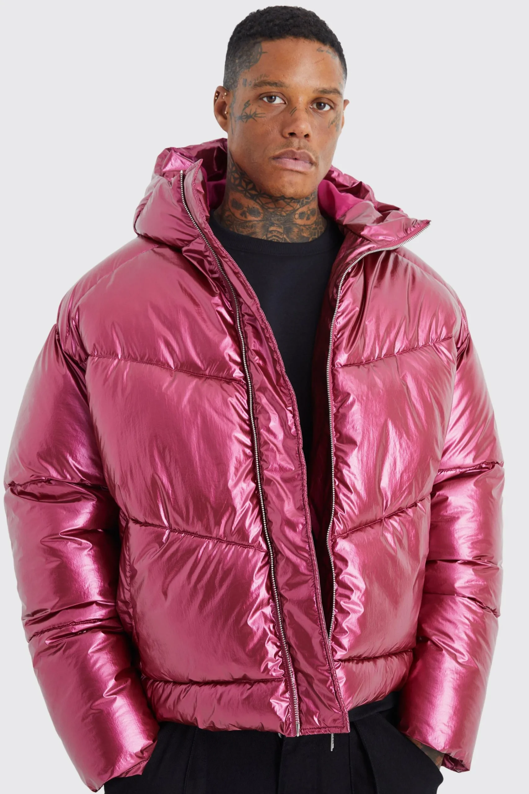 boohooMAN High Shine Hooded Puffer | UK| Coats & Jackets