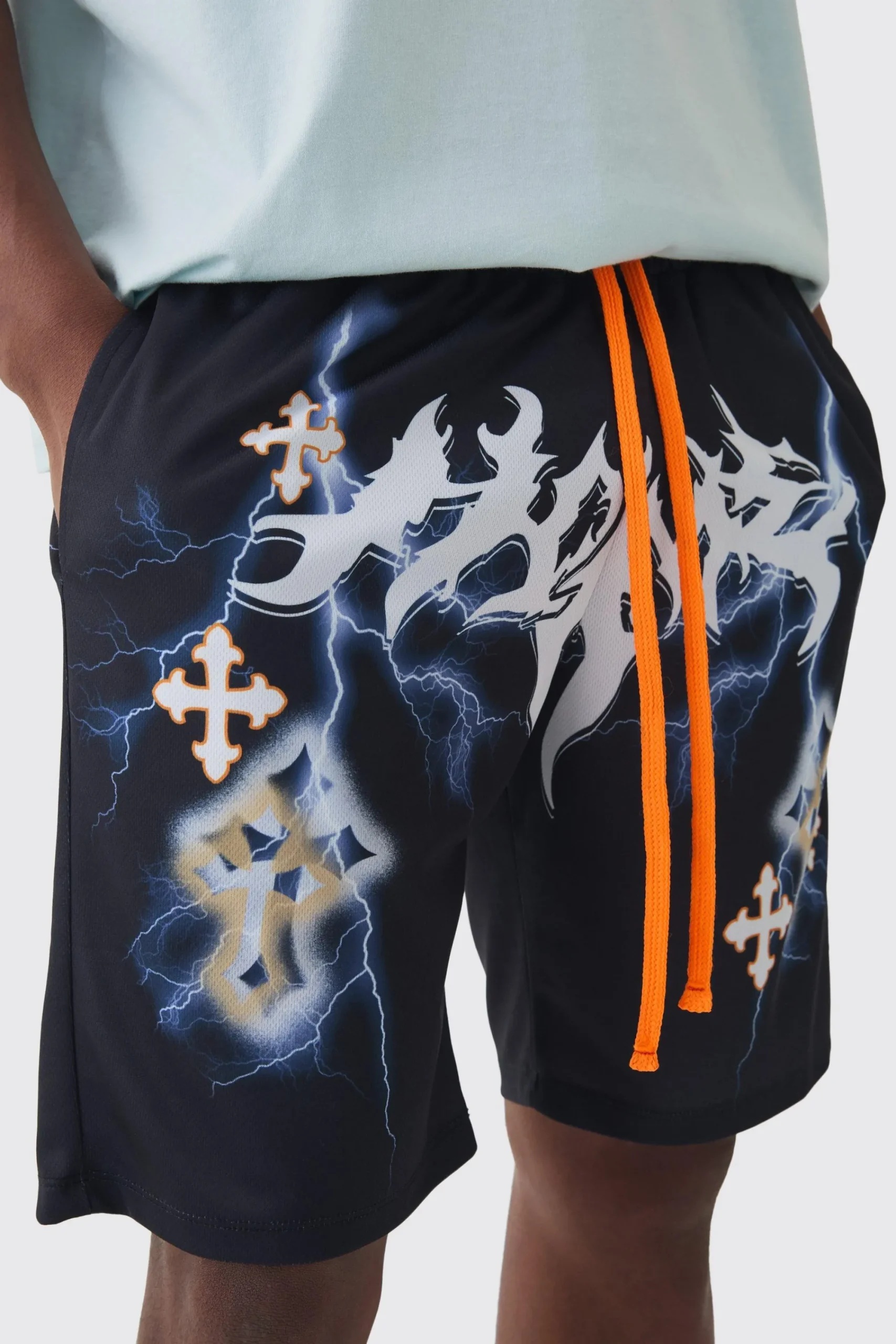 boohooMAN Homme Gothic Cross Mesh Basketball Shorts | UK| Shorts