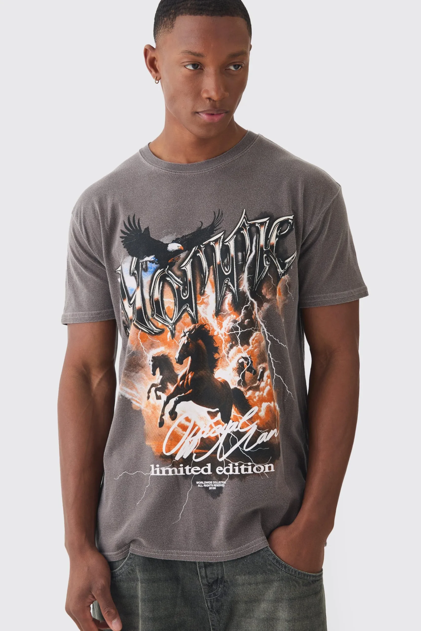 Homme Horse Graphic Wash T-shirt | UK^boohooMAN Clearance