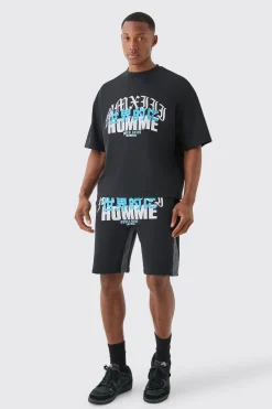 boohooMAN Homme Print Denim Gusset T-shirt And Short Set | UK| Sets & Co-Ords|Tracksuits