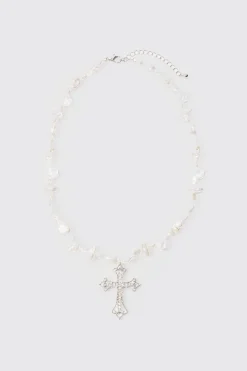 boohooMAN Iced Cross Pearl Necklace In | UK| Jewellery & Watches