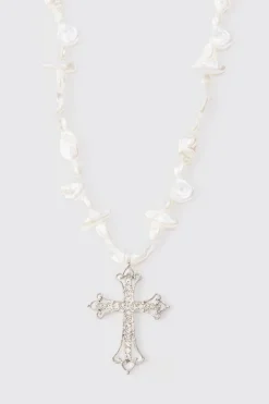 boohooMAN Iced Cross Pearl Necklace In | UK| Jewellery & Watches
