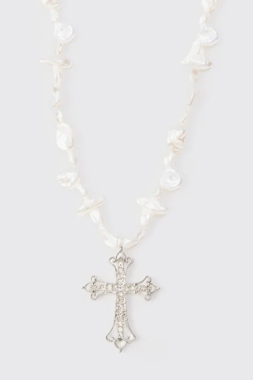 boohooMAN Iced Cross Pearl Necklace In | UK| Jewellery & Watches