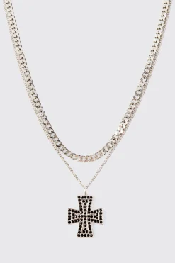 boohooMAN Iced Cross Pendant Double Chain Necklace In | UK| Jewellery & Watches