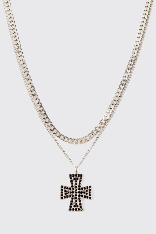 boohooMAN Iced Cross Pendant Double Chain Necklace In | UK| Jewellery & Watches