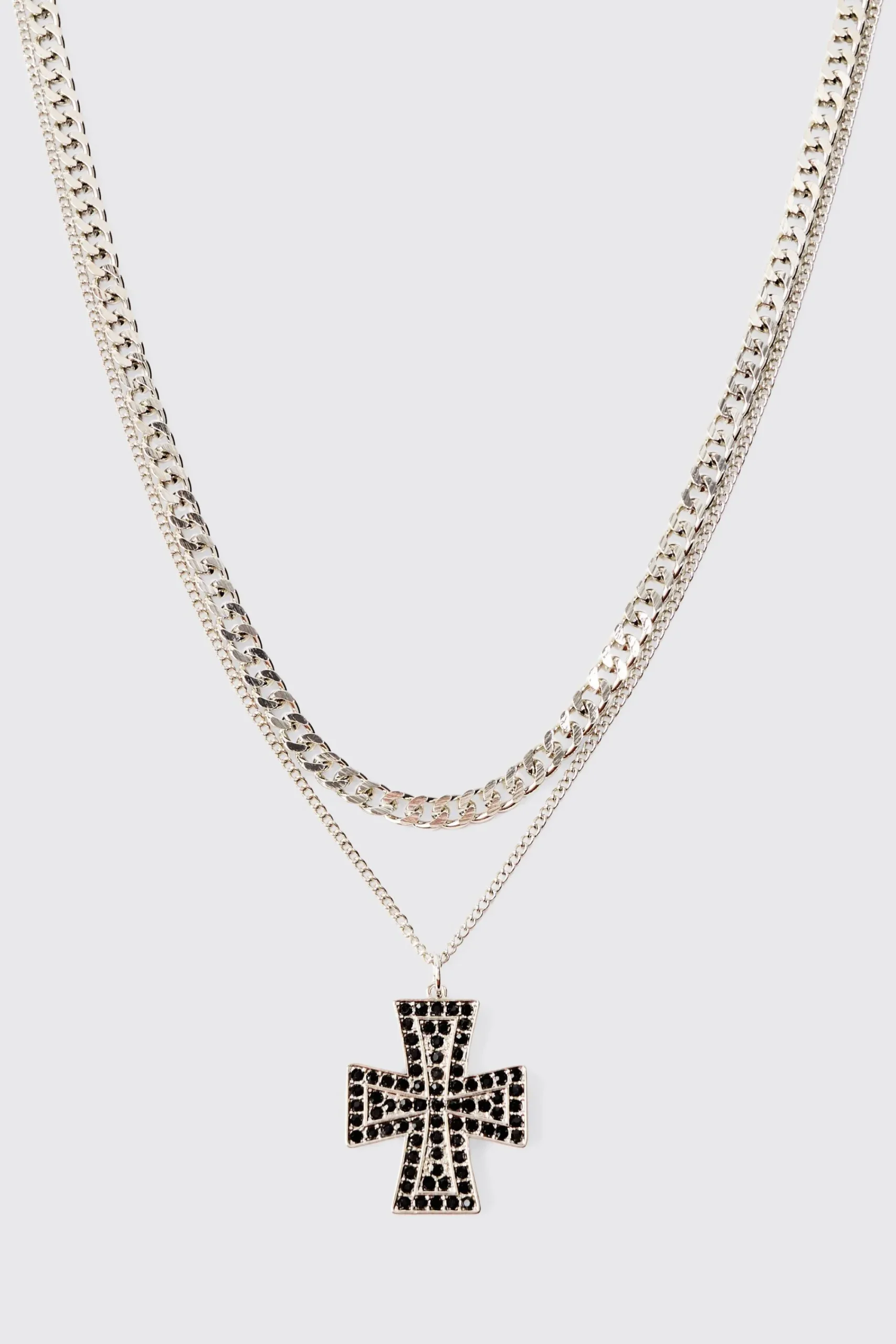 boohooMAN Iced Cross Pendant Double Chain Necklace In | UK| Jewellery & Watches