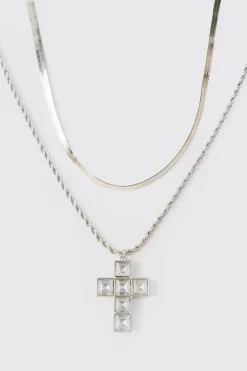 boohooMAN Iced Cross Pendant Double Chain Necklace In | UK| Jewellery & Watches