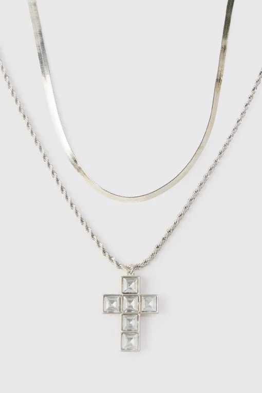 boohooMAN Iced Cross Pendant Double Chain Necklace In | UK| Jewellery & Watches
