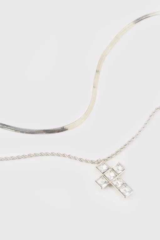 boohooMAN Iced Cross Pendant Double Chain Necklace In | UK| Jewellery & Watches