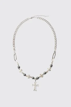 boohooMAN Iced Cross Pendant Pearl Necklace | UK| Jewellery & Watches