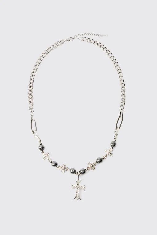 boohooMAN Iced Cross Pendant Pearl Necklace | UK| Jewellery & Watches