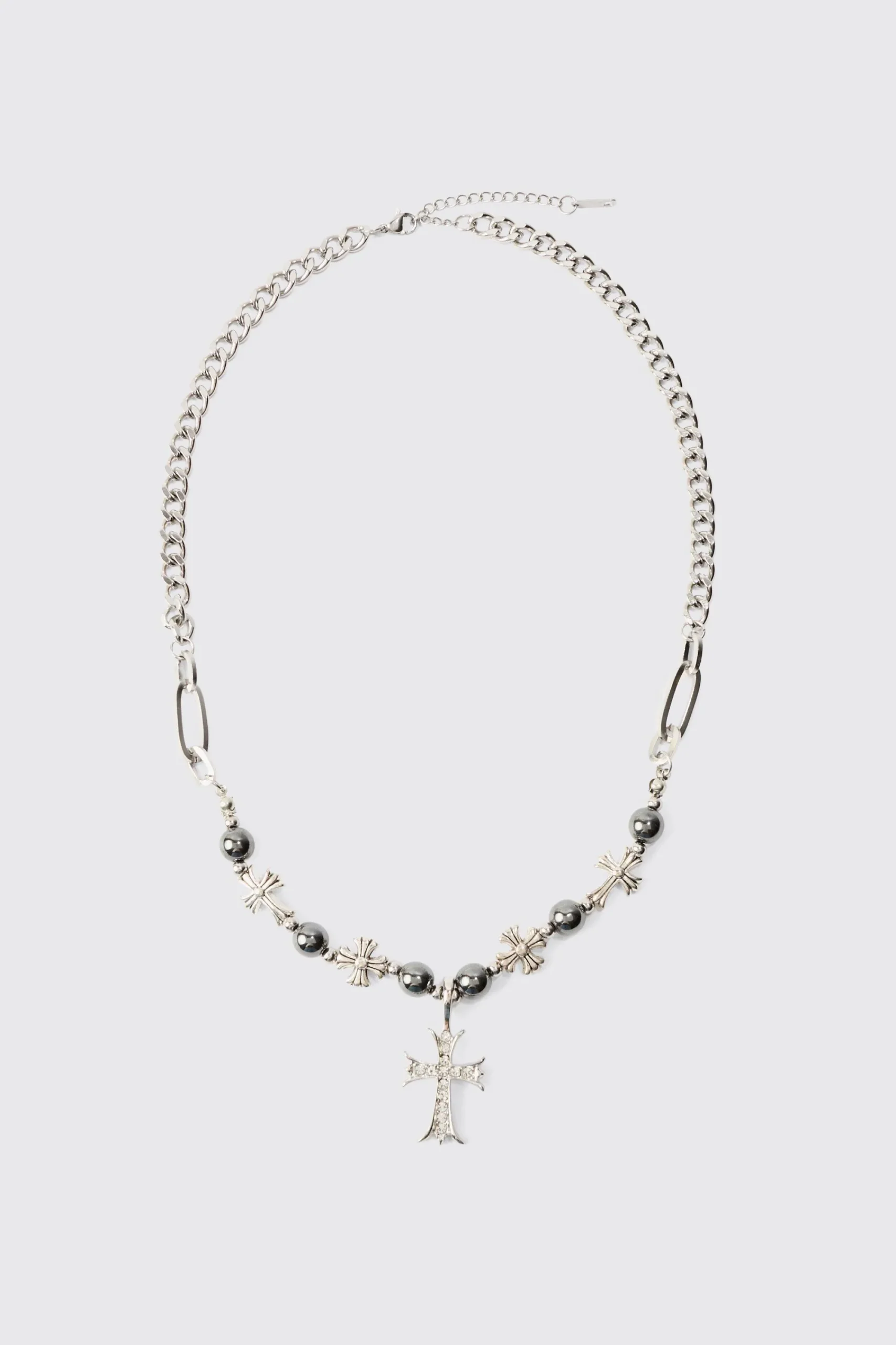 boohooMAN Iced Cross Pendant Pearl Necklace | UK| Jewellery & Watches