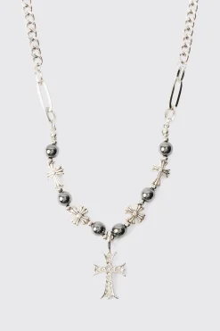 boohooMAN Iced Cross Pendant Pearl Necklace | UK| Jewellery & Watches