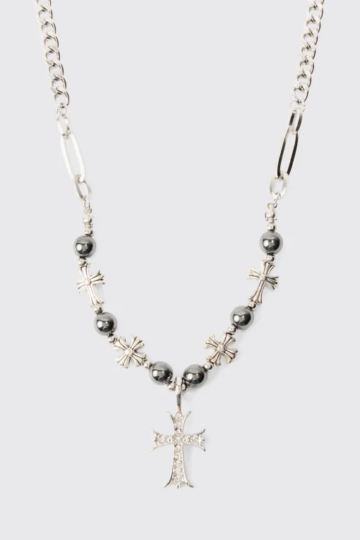 boohooMAN Iced Cross Pendant Pearl Necklace | UK| Jewellery & Watches