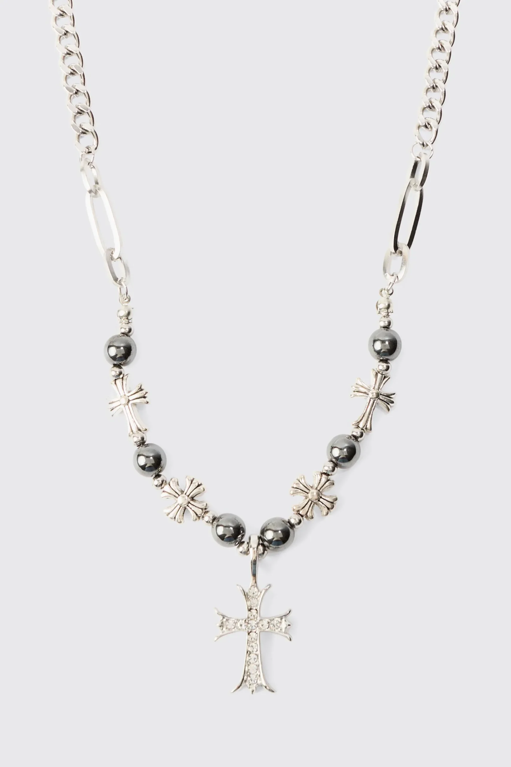 boohooMAN Iced Cross Pendant Pearl Necklace | UK| Jewellery & Watches