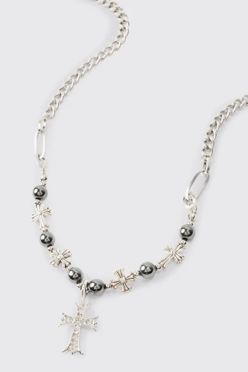 boohooMAN Iced Cross Pendant Pearl Necklace | UK| Jewellery & Watches