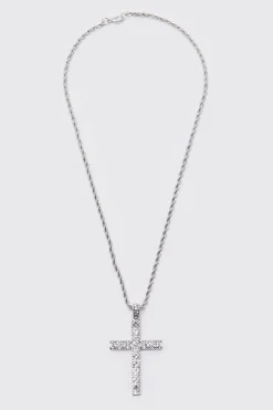 boohooMAN Iced Crystal Cross Necklace With Gift Bag | UK| Jewellery & Watches