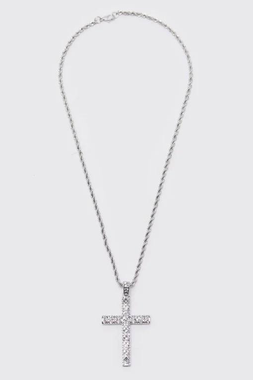 boohooMAN Iced Crystal Cross Necklace With Gift Bag | UK| Jewellery & Watches