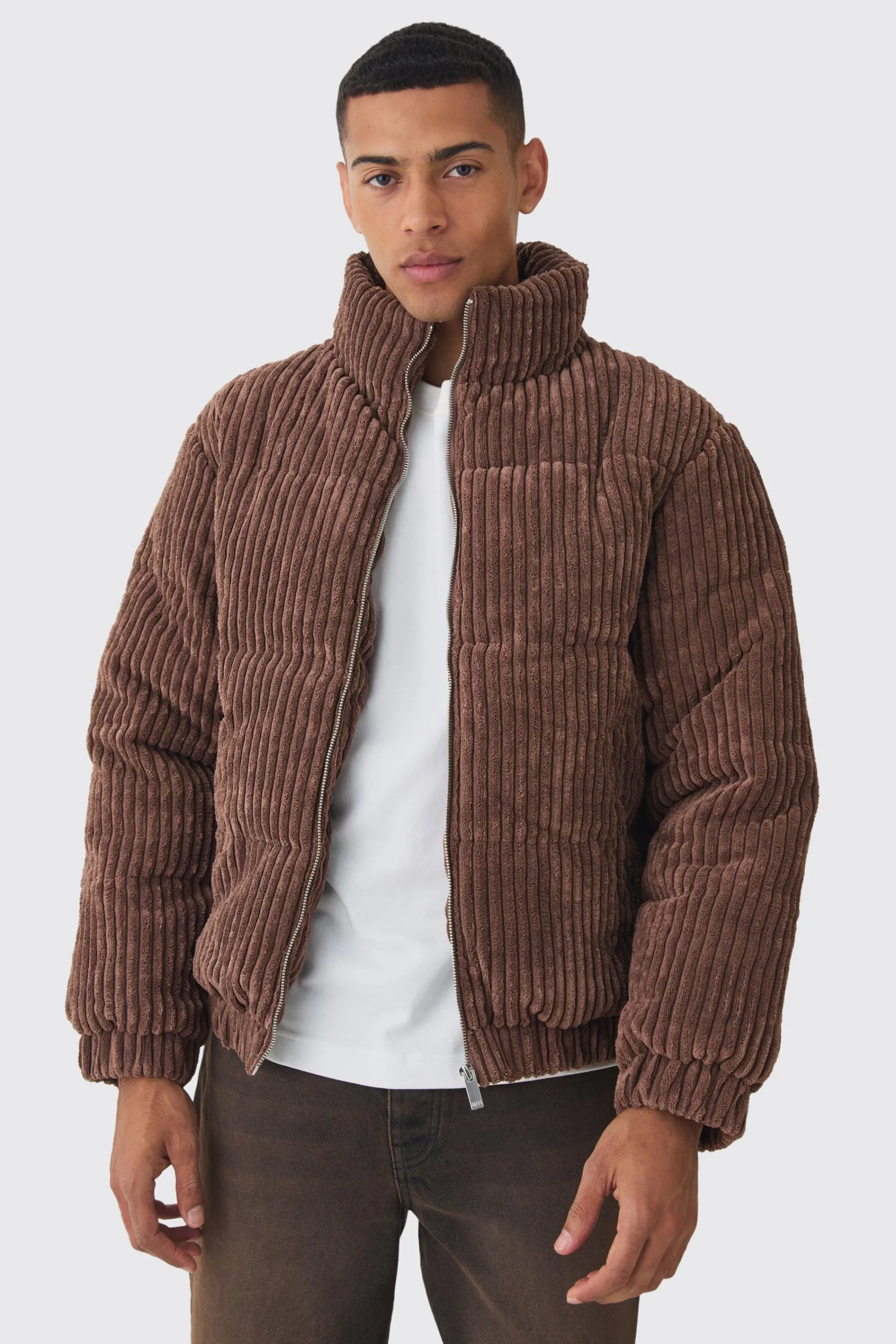 boohooMAN Jumbo Cord Funnel Neck Puffer Coat In | UK| Coats & Jackets