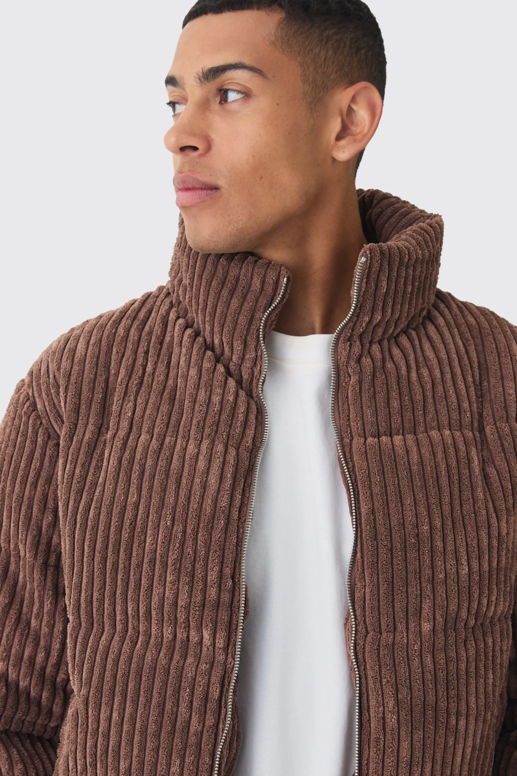 boohooMAN Jumbo Cord Funnel Neck Puffer Coat In | UK| Coats & Jackets