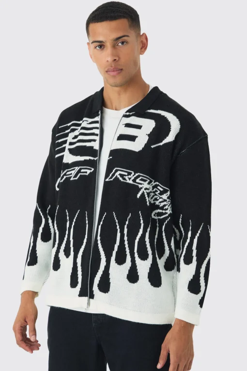boohooMAN Knitted Moto Bomber Jacket In | UK| Knitwear|Coats & Jackets