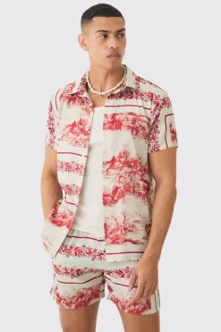 boohooMAN Landscape Satin Short Sleeve Shirt & Short Set | UK| Sets & Co-Ords