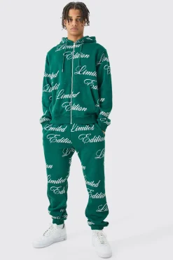 boohooMAN Limited Edition Script All Over Print Zip Hooded Tracksuit | UK| Tracksuits