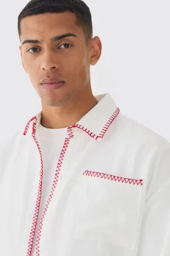 boohooMAN Linen Contrast Stitch Overshirt | UK| Shirts