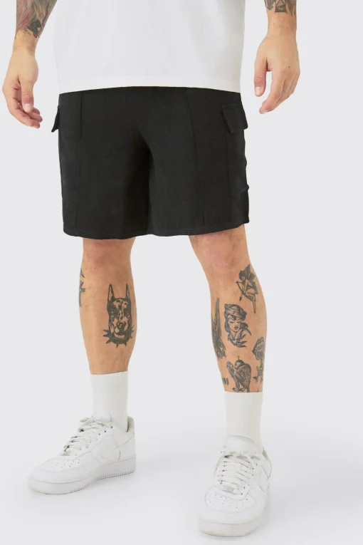 boohooMAN Linen Look Pin Tuck Elasticated Waist Cargo Relaxed Shorts | UK| Shorts