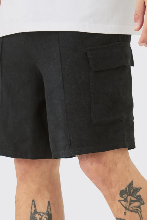 boohooMAN Linen Look Pin Tuck Elasticated Waist Cargo Relaxed Shorts | UK| Shorts