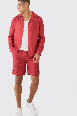 boohooMAN Linen Look Revere Tonal Floral Shoulder Shirt & Short Set | UK| Sets & Co-Ords