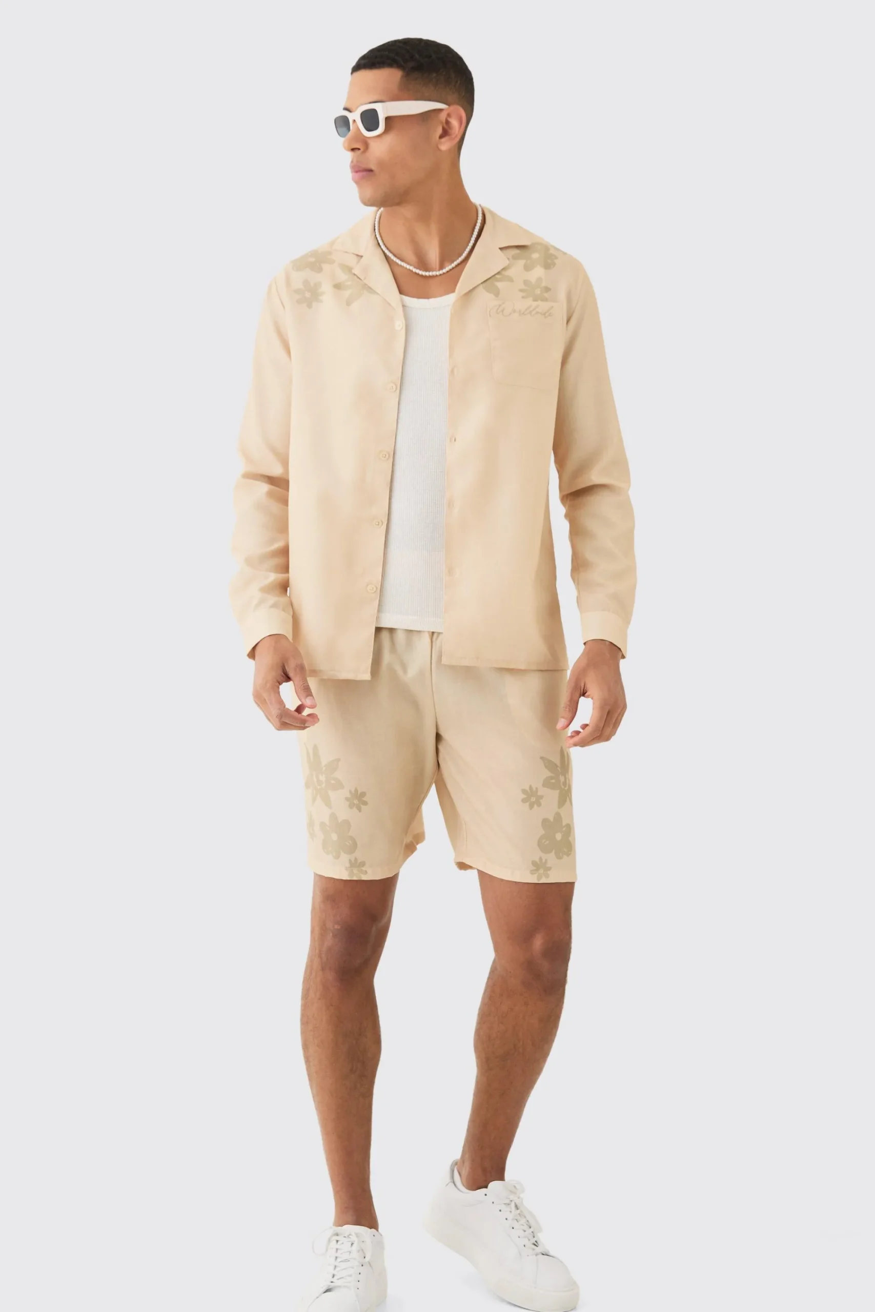 boohooMAN Linen Look Revere Tonal Floral Shoulder Shirt & Short Set | UK| Sets & Co-Ords